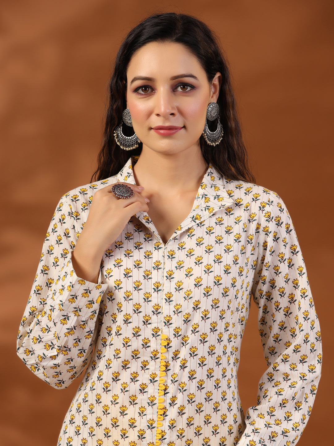 Yellow Ethnic Printed Cotton Lurex Kurta