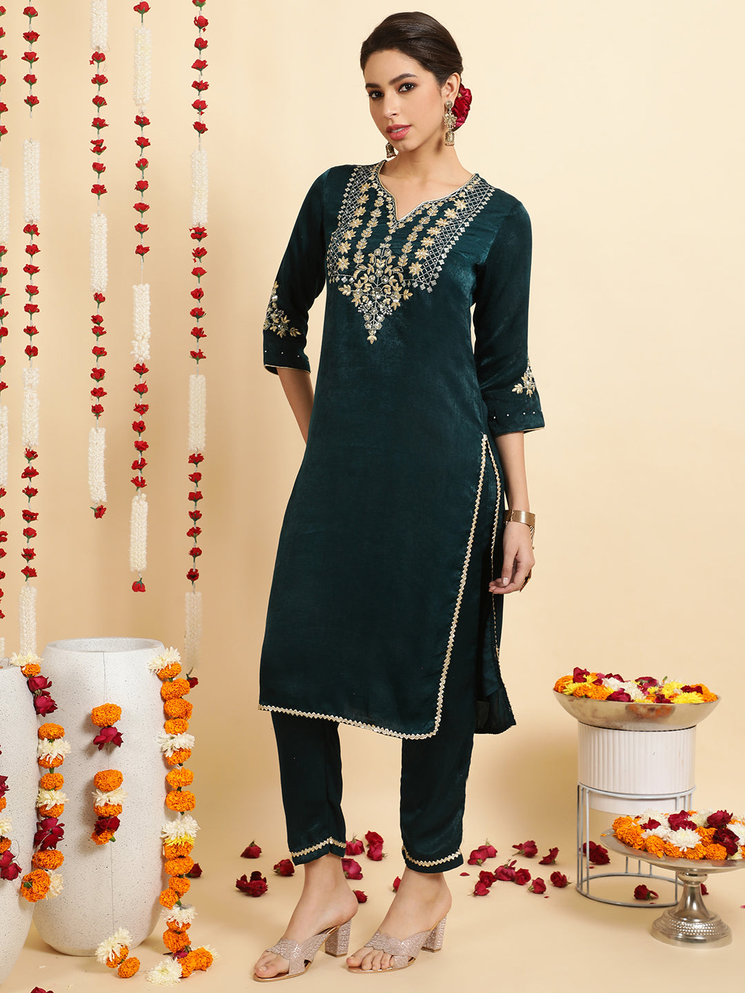 Dark Green Embroidered Velvet Kurta With Pants