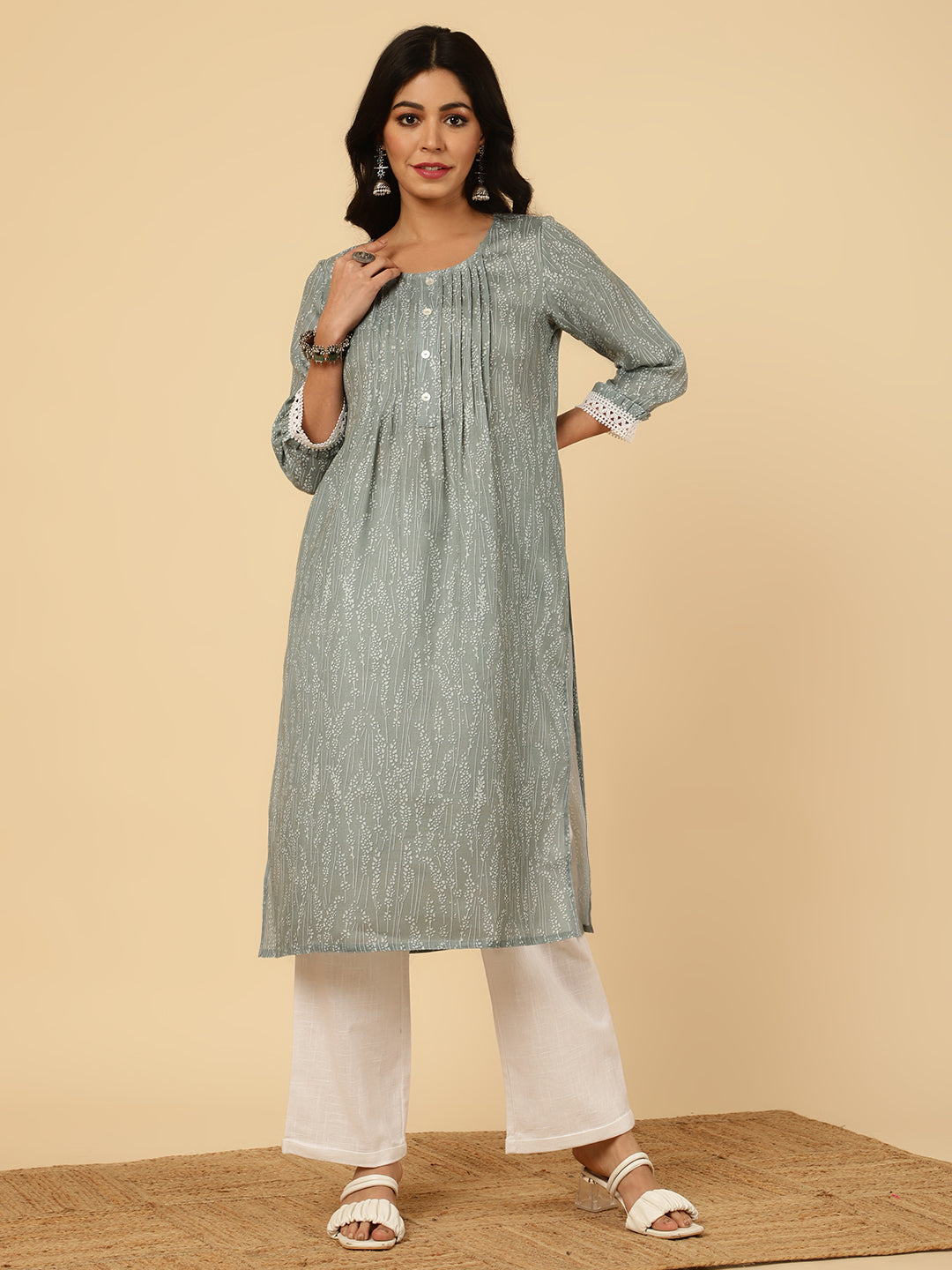 Printed Grey Pleated Straight Kurta