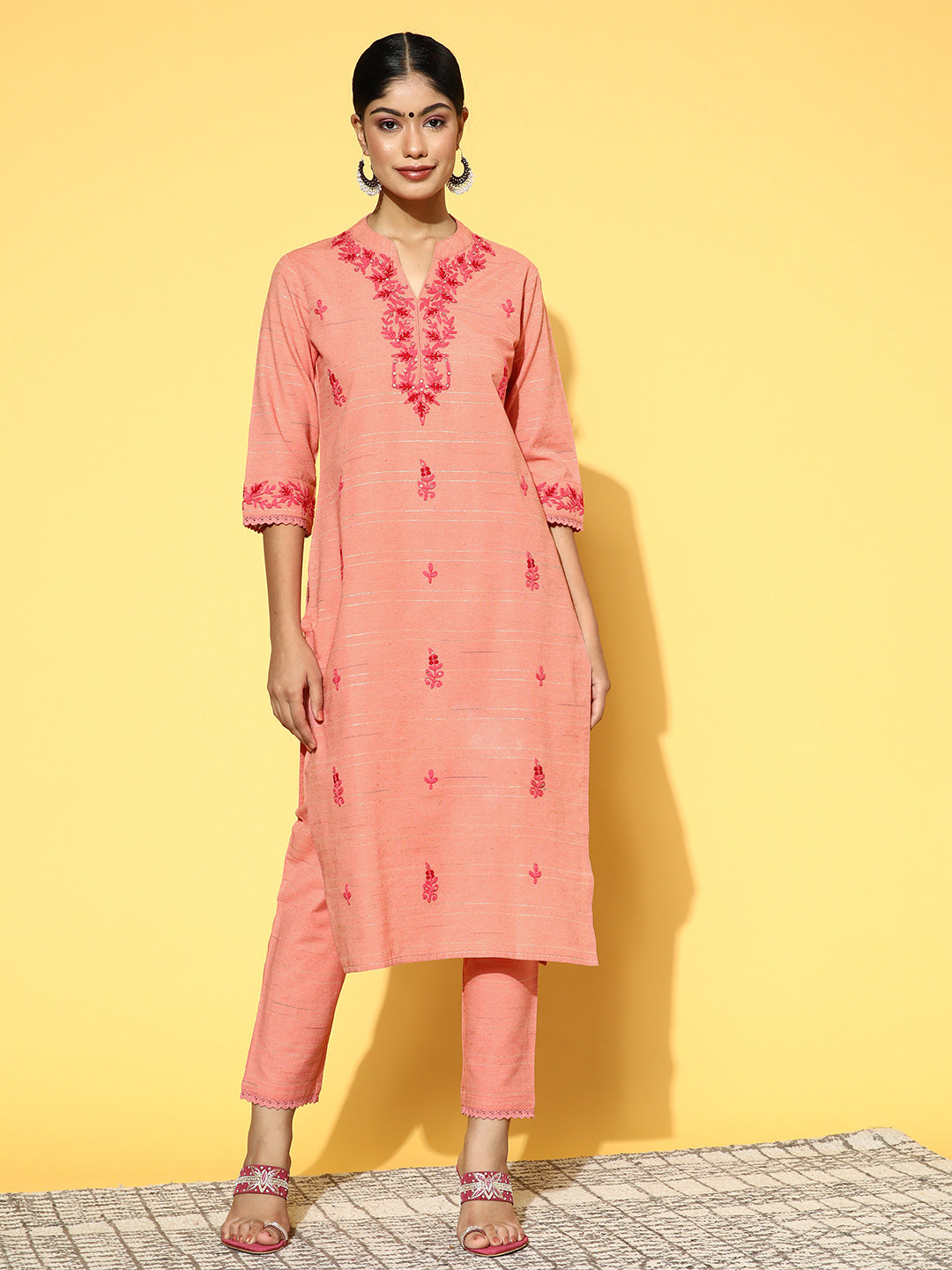 Pink Embroidered Yarn Dyed Kurta With Pants