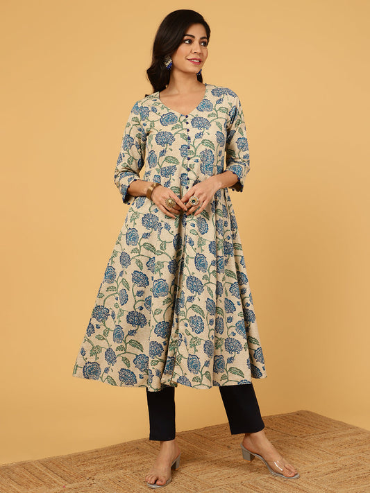 Blue Floral Print Cotton Anarkali Kurta