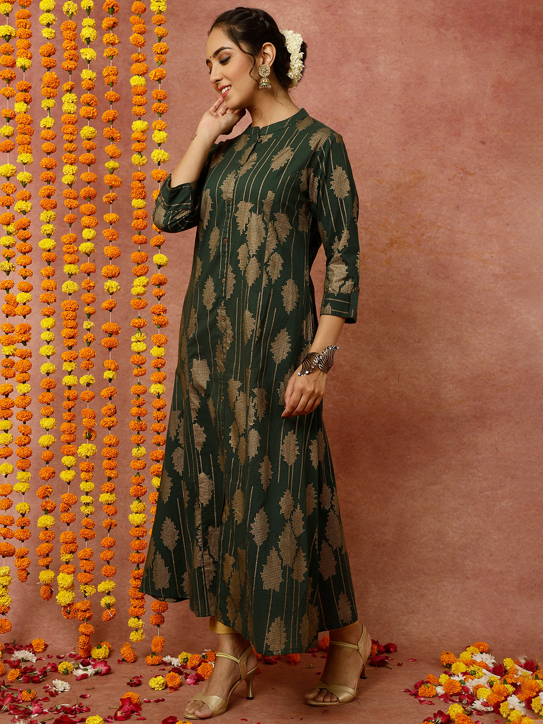 Dark Green Abstract Print A-line Kurta