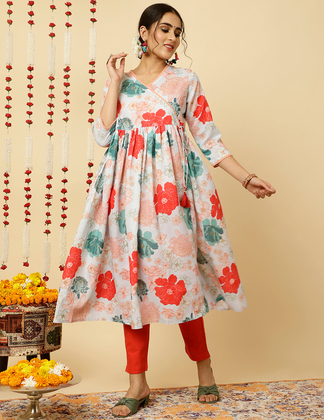 Light Blue Floral Printed Gathered Angrakha Kurta