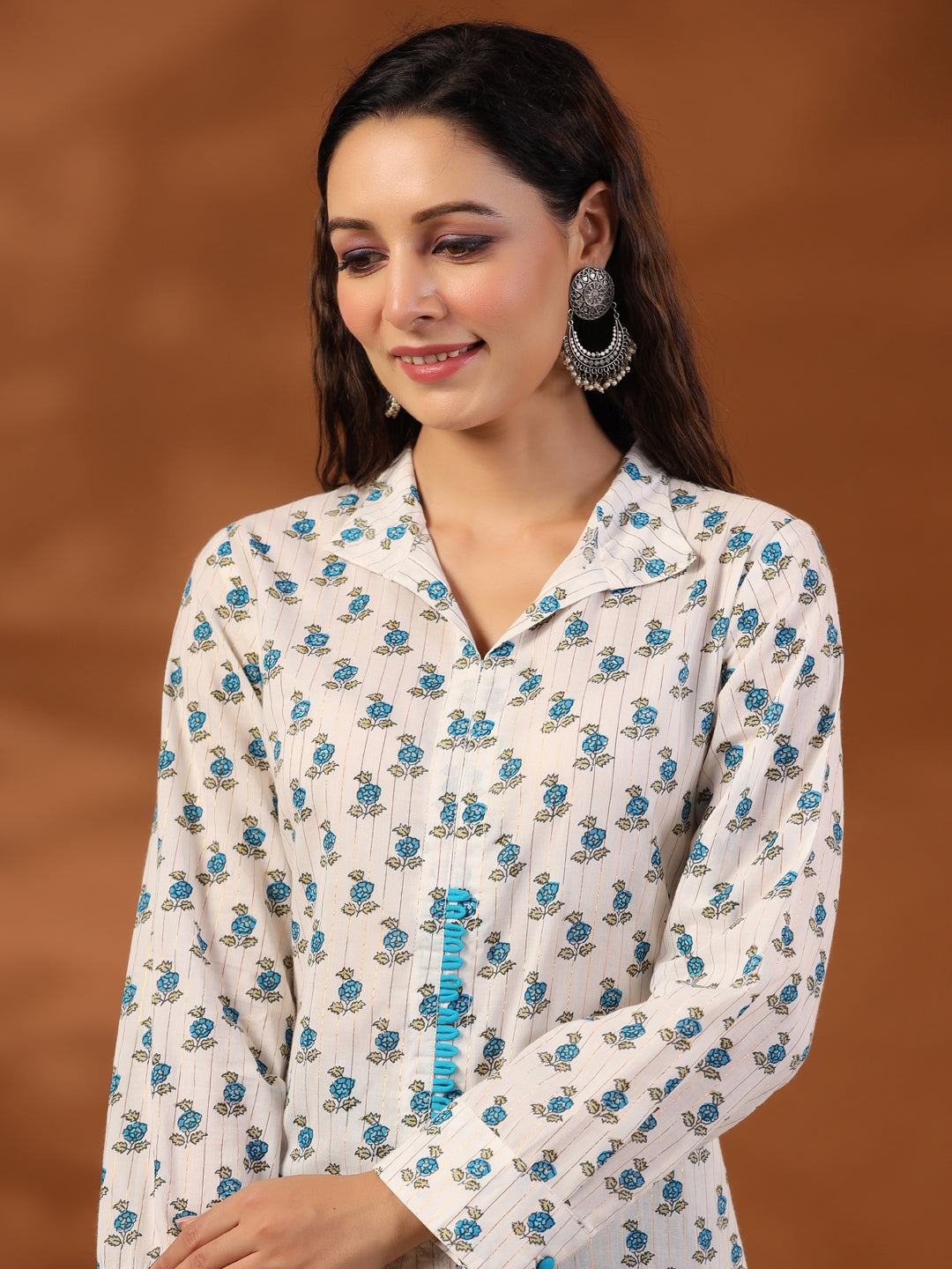 Turquoise Blue Ethnic Printed Cotton Lurex Kurta