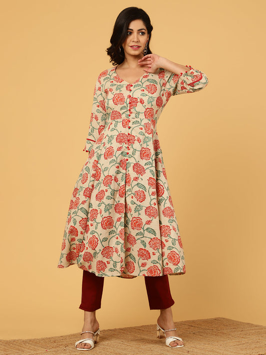 Red Floral Print Cotton Anarkali Kurta
