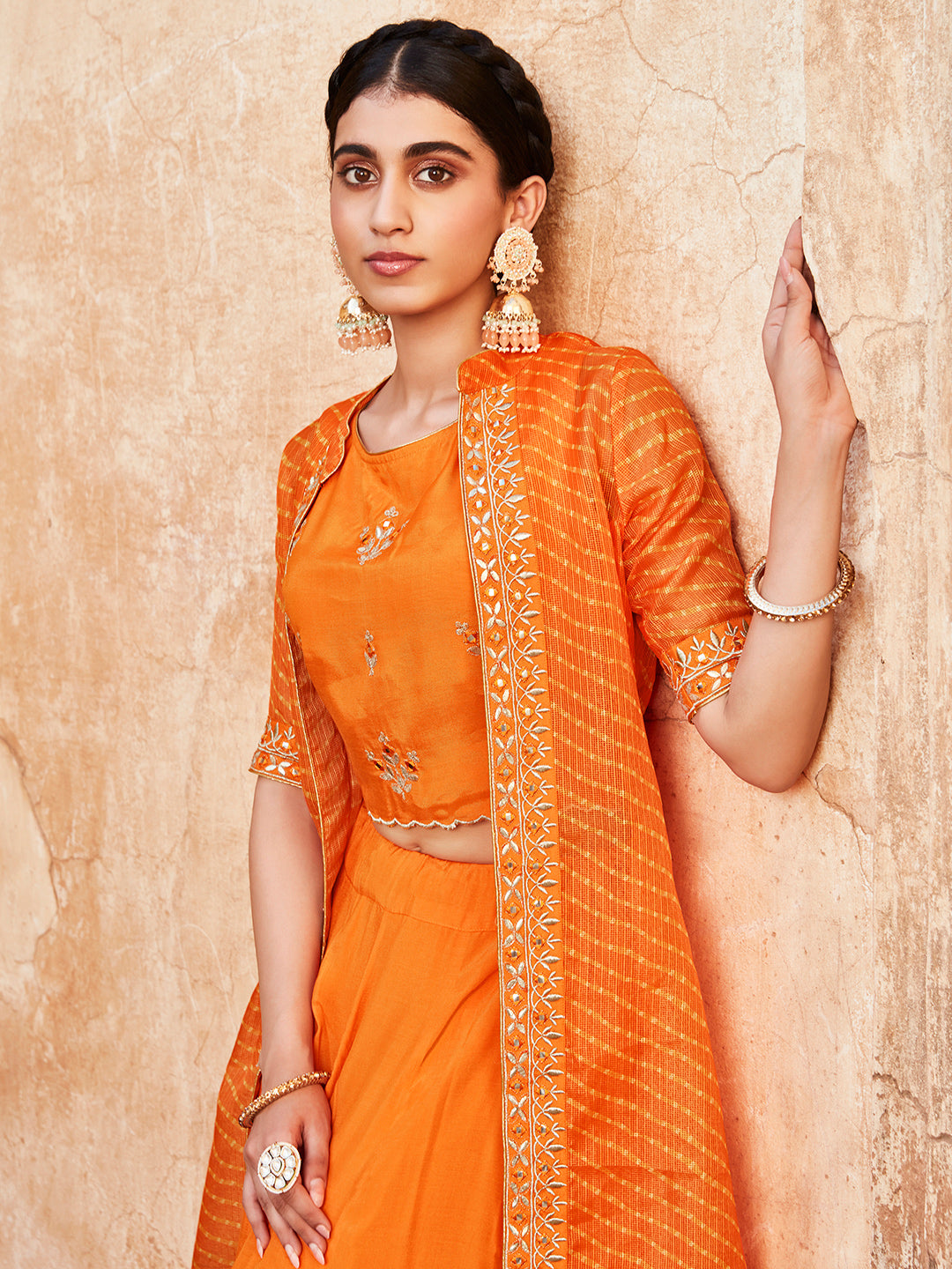 Women Orange Gota Patti Embroidered Crop Top And Skirt With Bandhej Kota Silk Embroidered Shrug.
