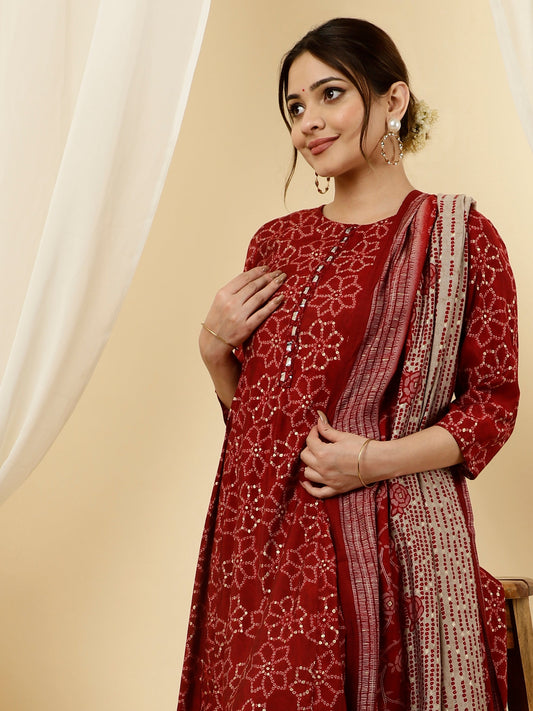 Red Bandhani Flared Print Kurta With Pants And Dupatta