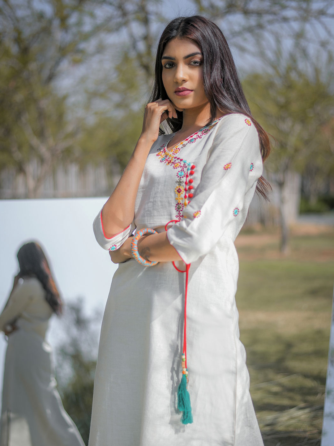 Off-White Embroidered A-Line Cotton Blend Kurta