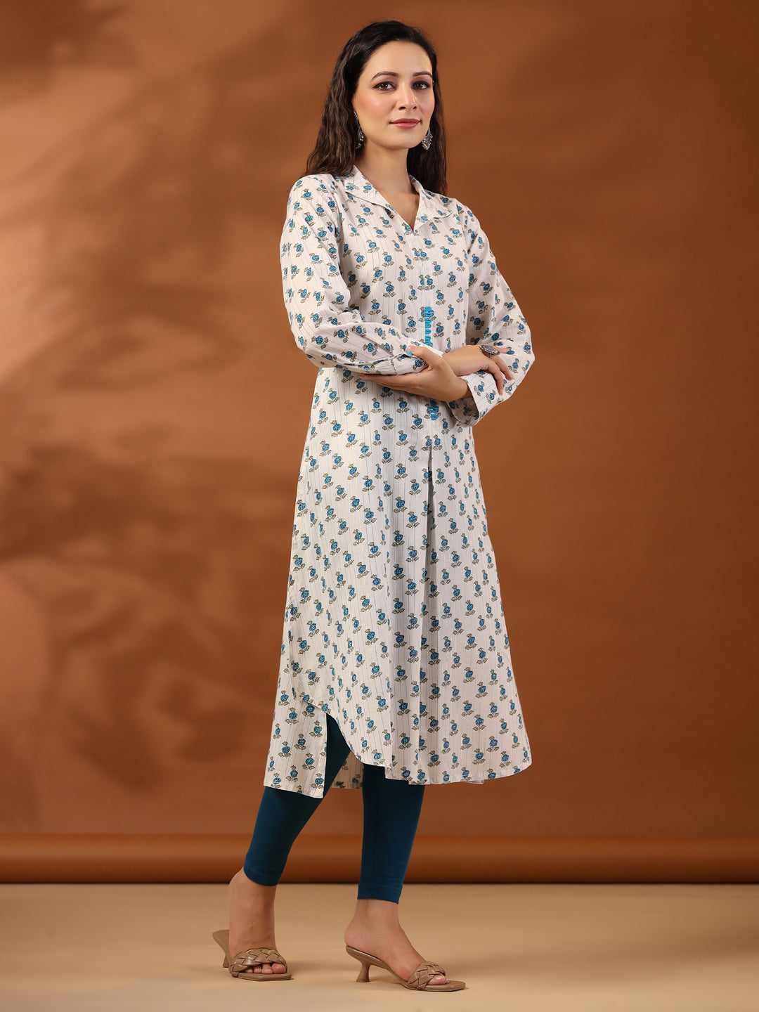 Turquoise Blue Ethnic Printed Cotton Lurex Kurta