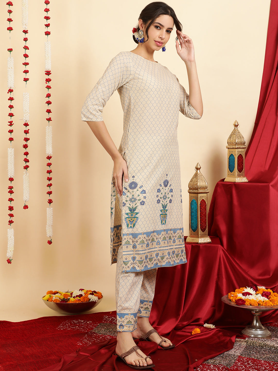 Blue Ethnic Motif Guldasta Cotton Straight Kurta With Pants And Dupatta