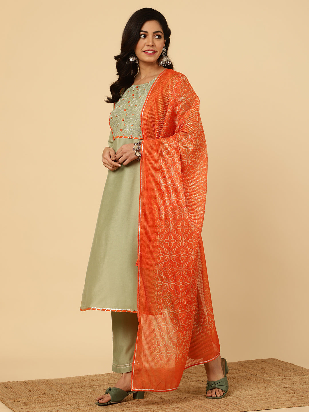 Green Embroidered Straight Kurta With Pants And Dupatta