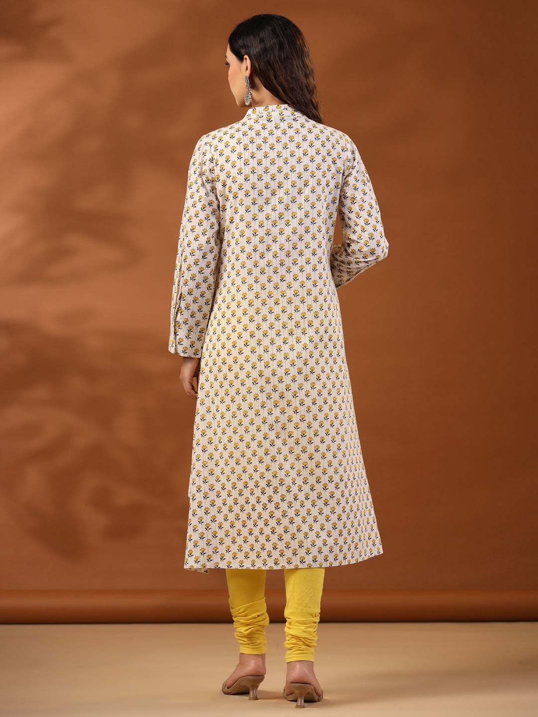 Yellow Ethnic Printed Cotton Lurex Kurta