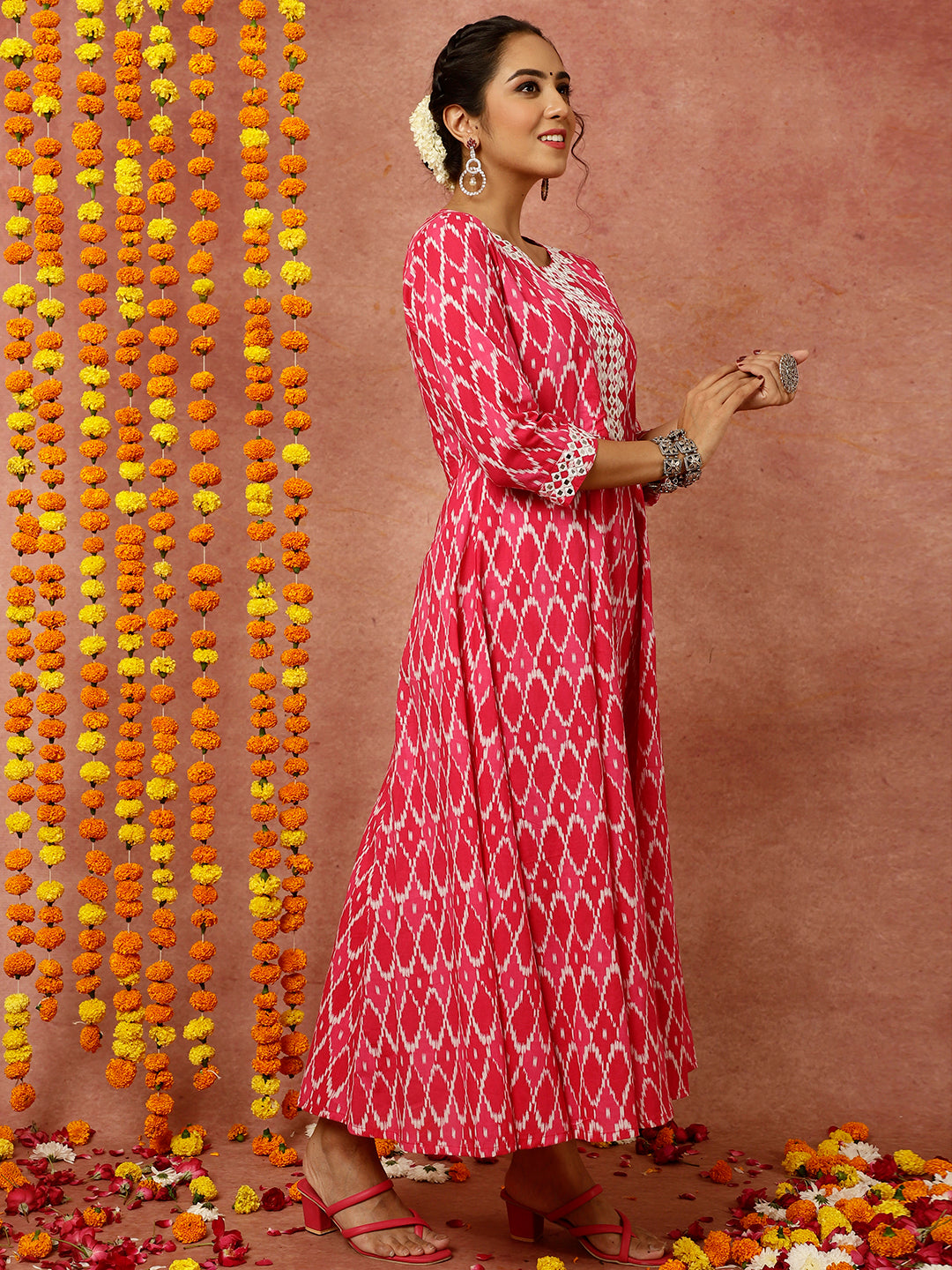 Pink Mirror Embellished Ikat Printed Anarkali Kurta With Pants And Dupatta