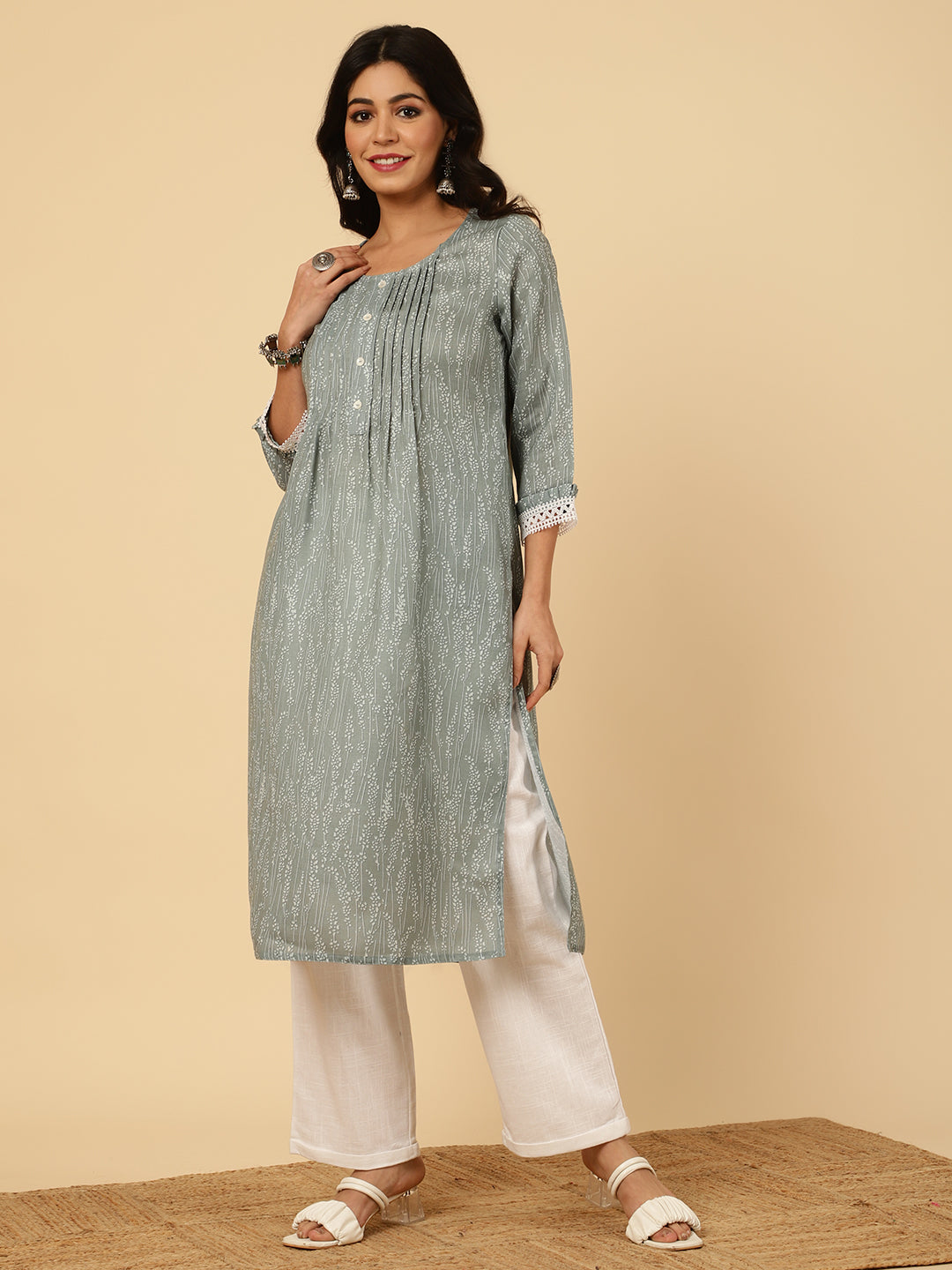 Printed Grey Pleated Straight Kurta