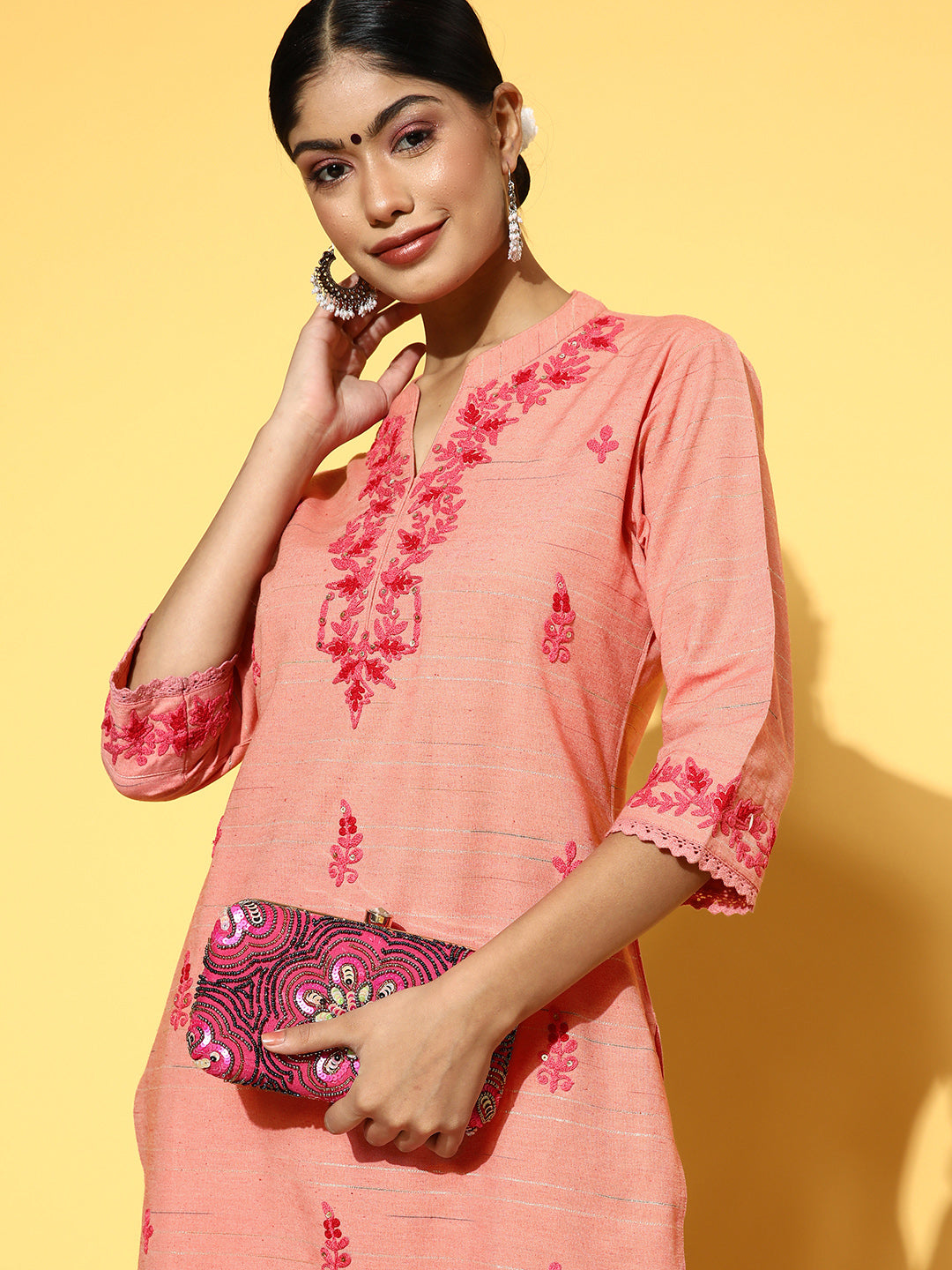 Pink Embroidered Yarn Dyed Kurta With Pants