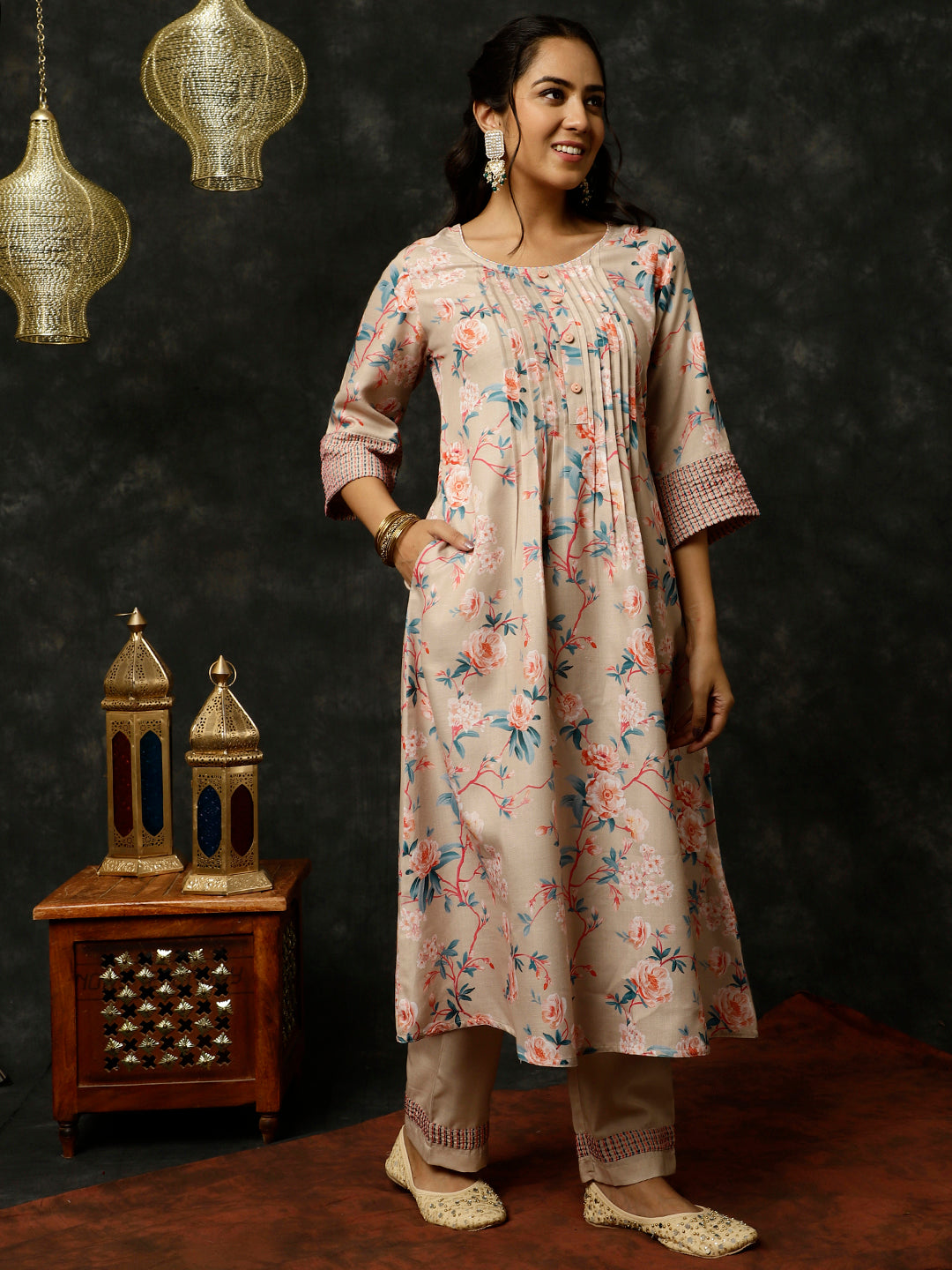 Embroidered Beige Rose Print Pleated Kurta With Pants And Dupatta