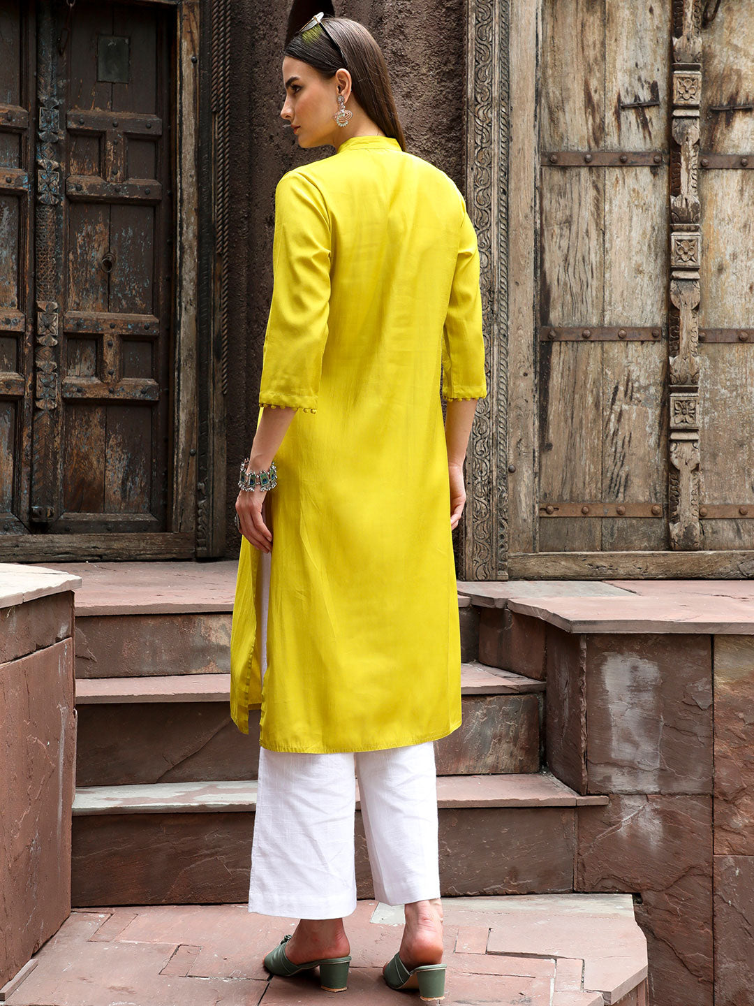 Embroidered Mustard Pintuck Straight Kurta