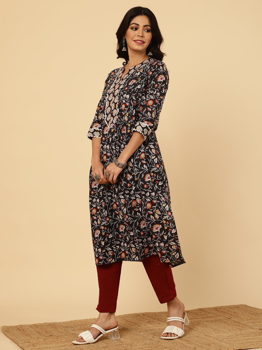 Floral Printed Black Pin Tuck Kurta