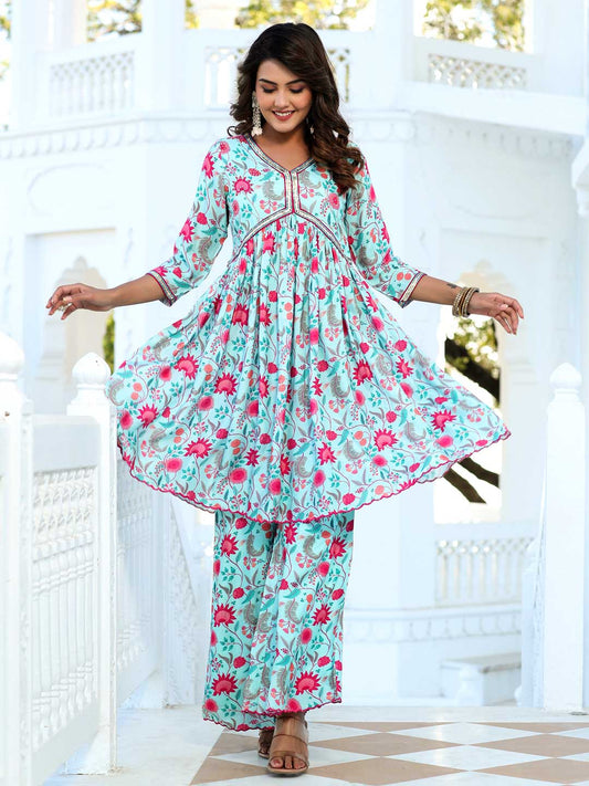 Zardozi Embroidered Silk Flared Printed Flared Kurta With Palazzo