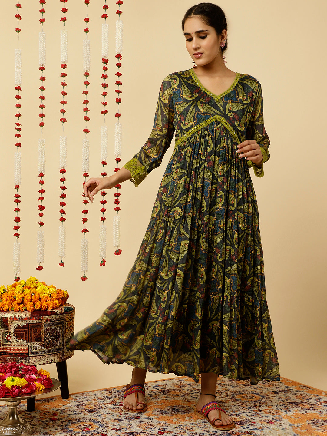 Green Animal Print Flared Kurta With Dupatta