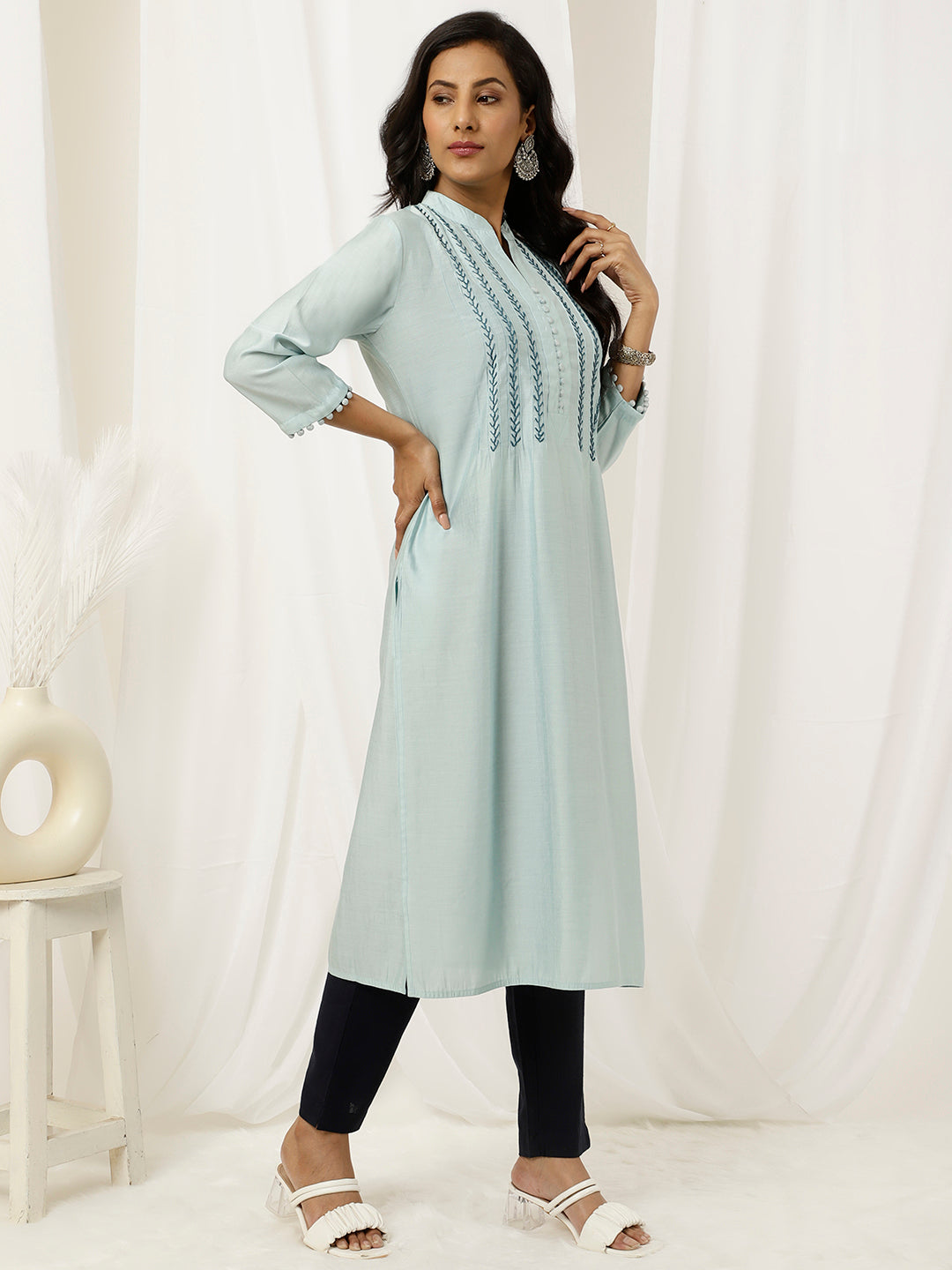 Embroidered Light Blue Pintuck Straight Kurta