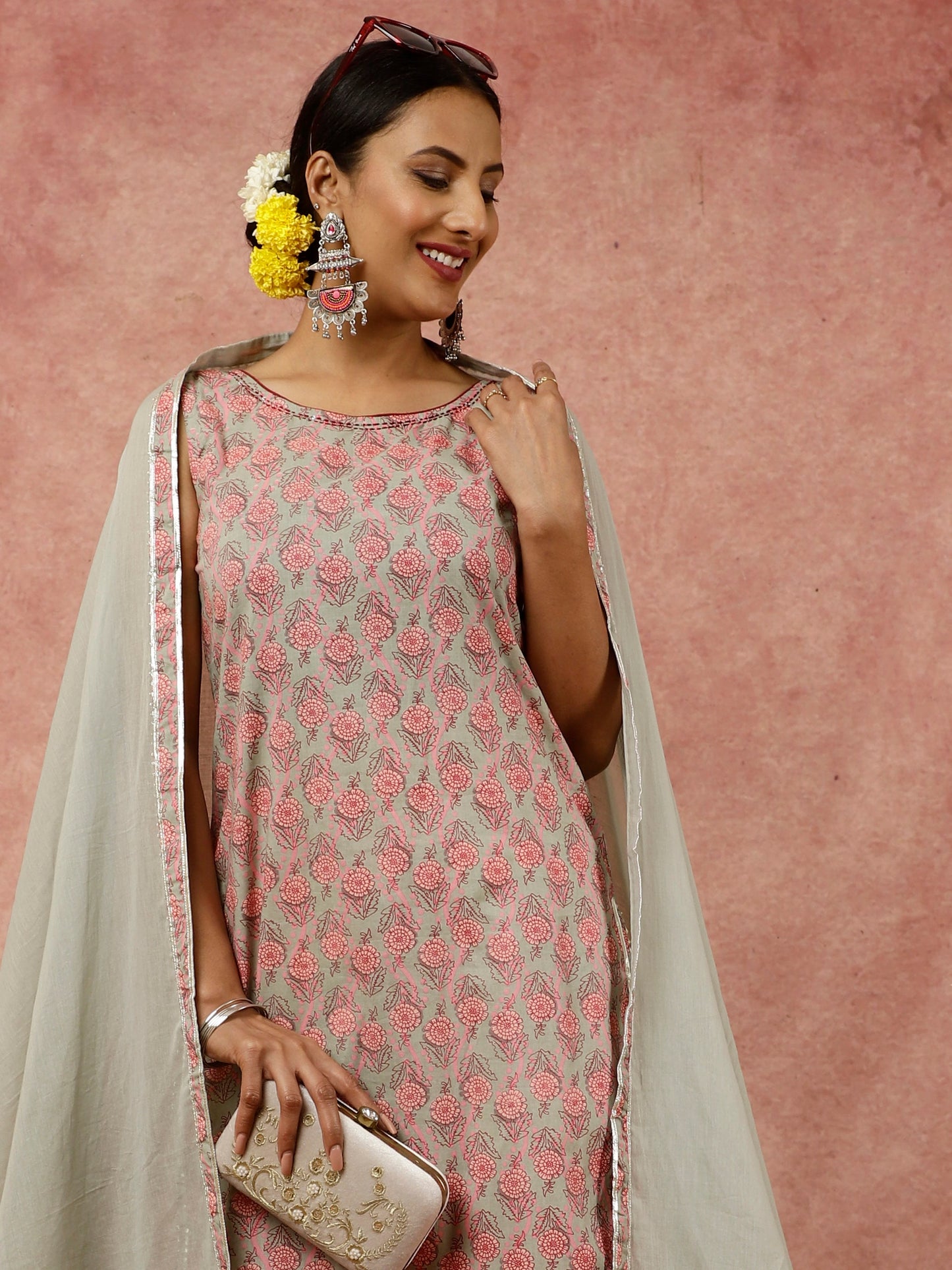 Sage Green Ethnic Floral Printed Straight Kurta With White Printed Sharara And Dupatta