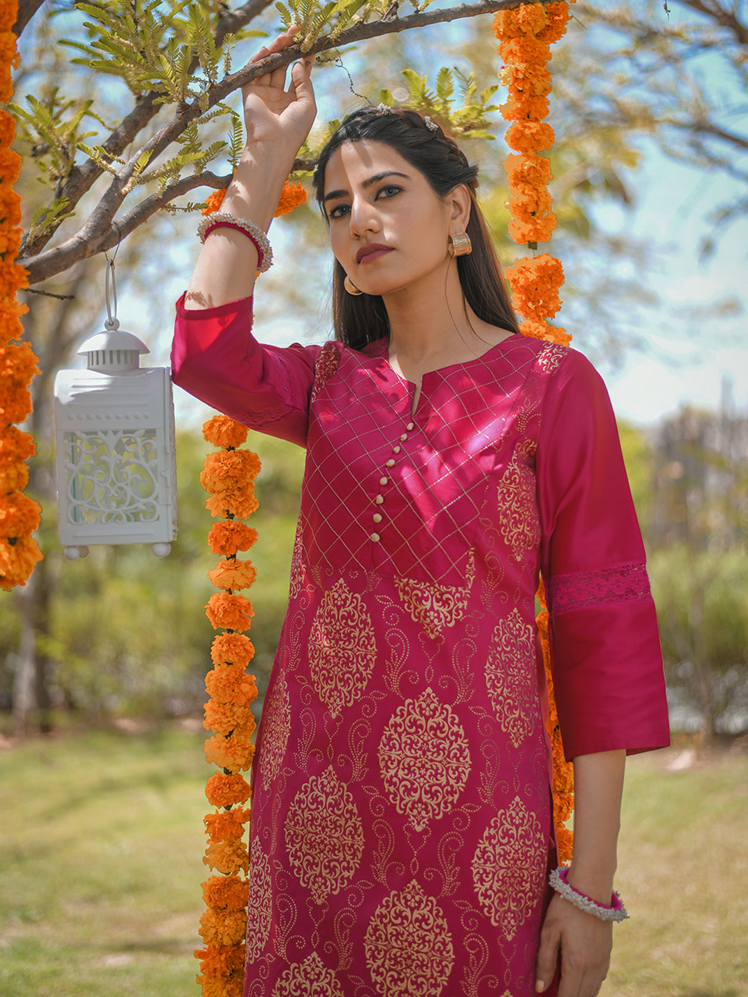 Pink Printed Straight Thread & Lace Work Kurta with Pants