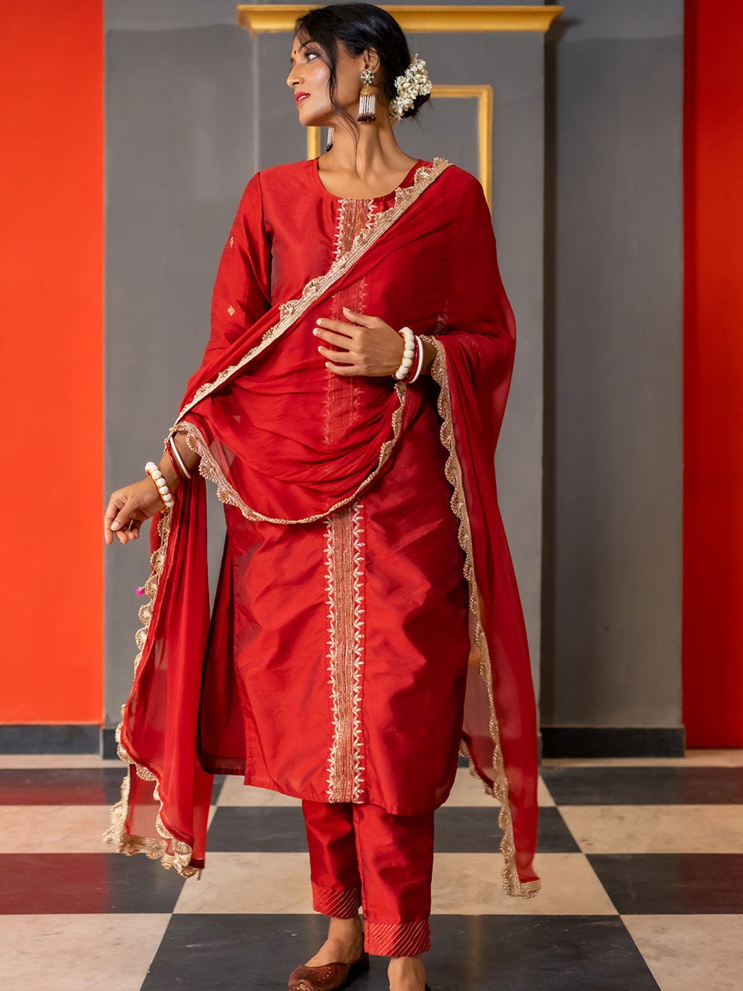 Maroon Embroidered Silk Blend Kurta with Pants and Dupatta