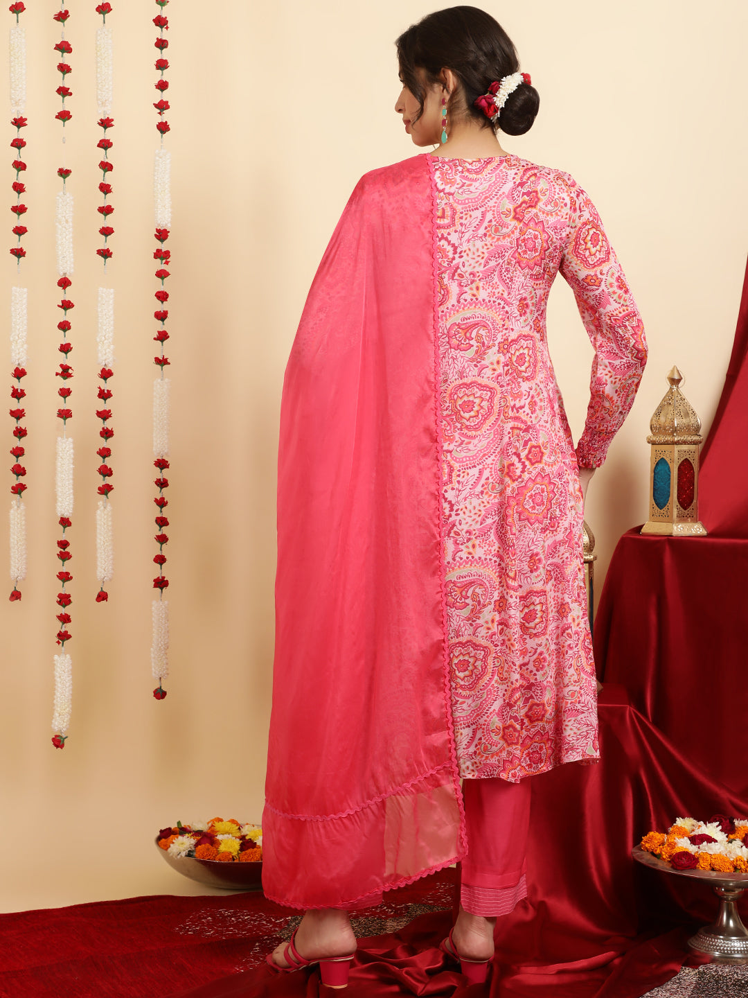 Pink Floral Printed Mirror Work Anarkali Kurta With Pants And Dupatta