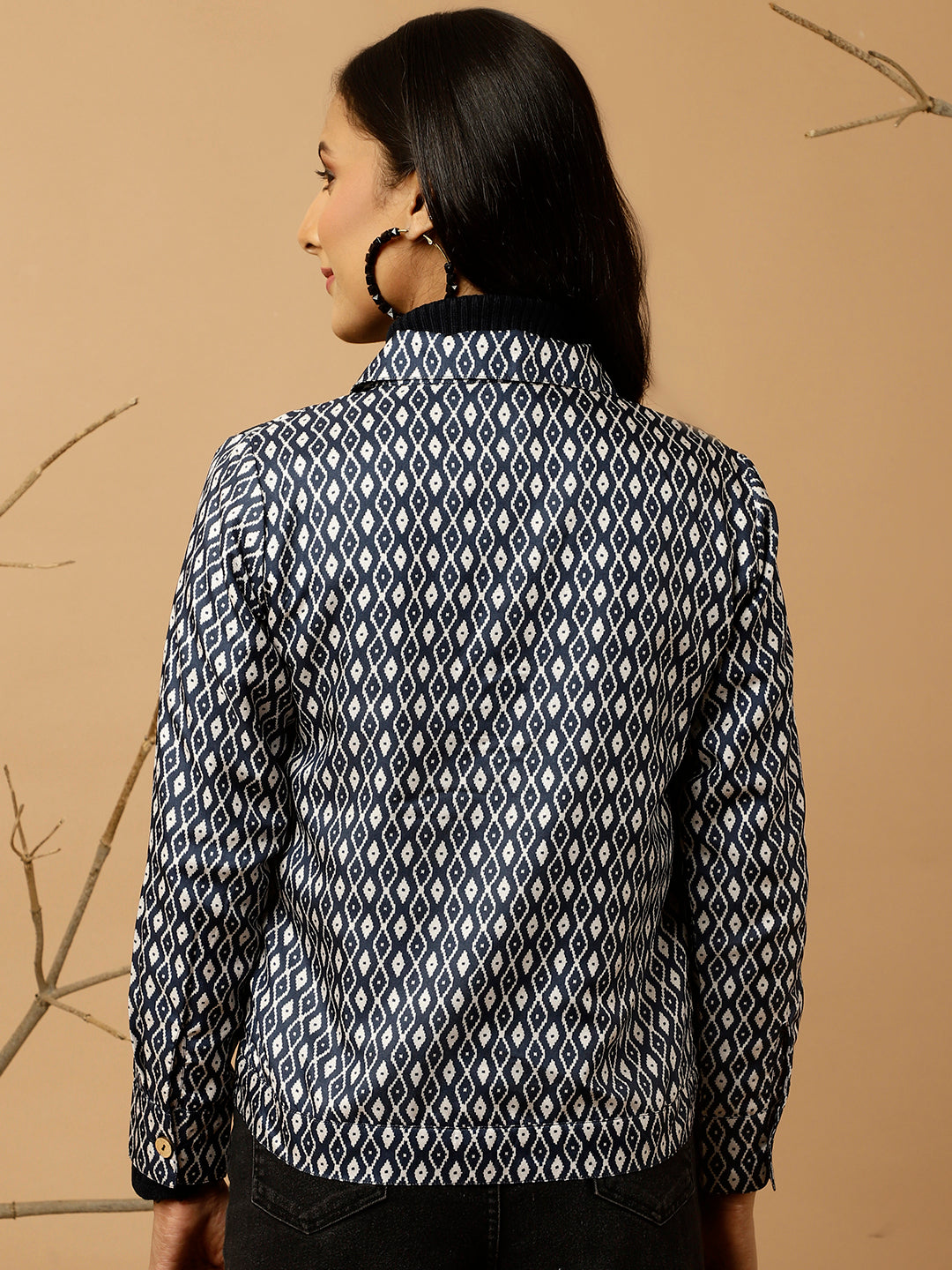 Navy Blue Tussar Silk Geometric Printed Jacket