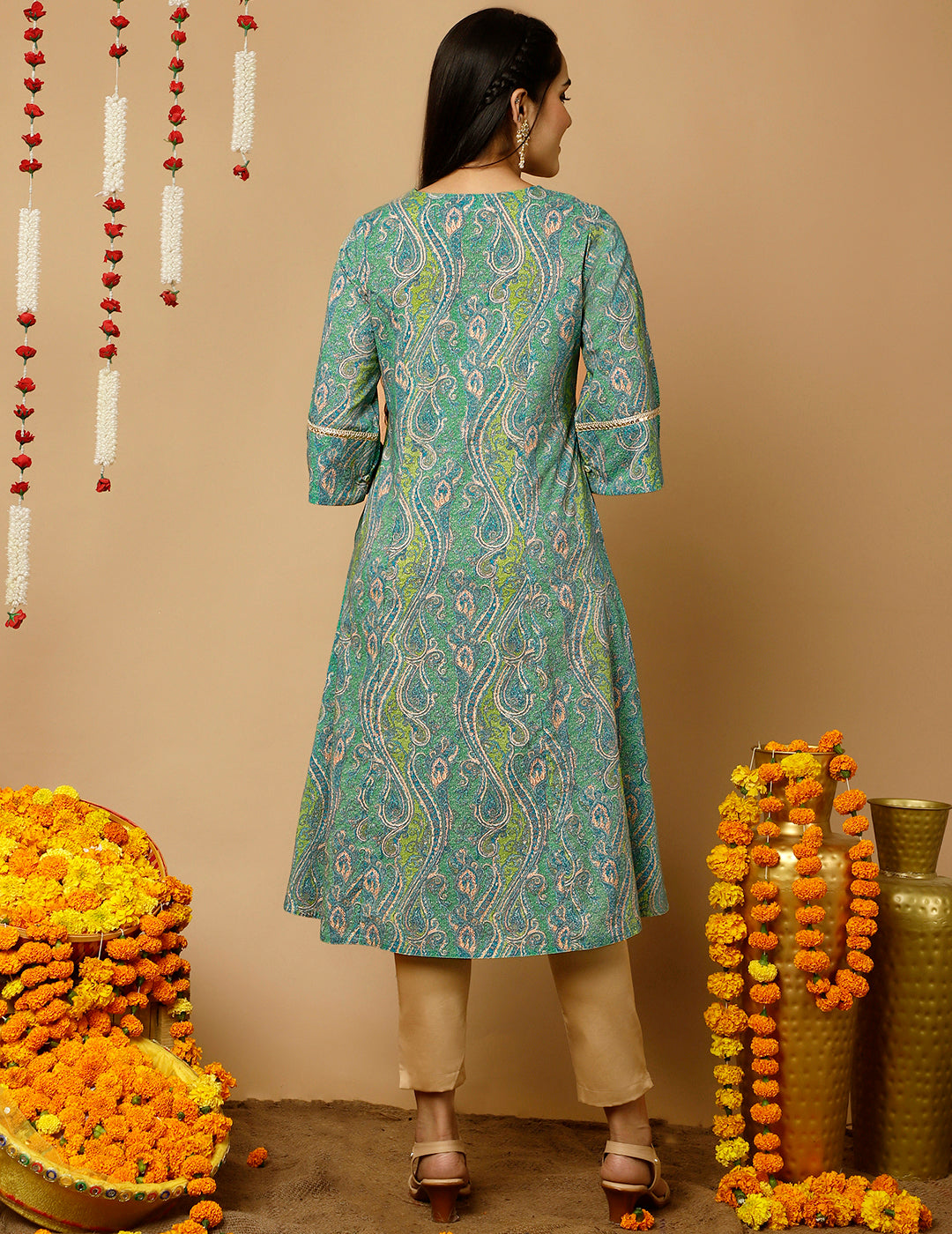 Turquoise Blue Paisley Print Pakistani Kurta