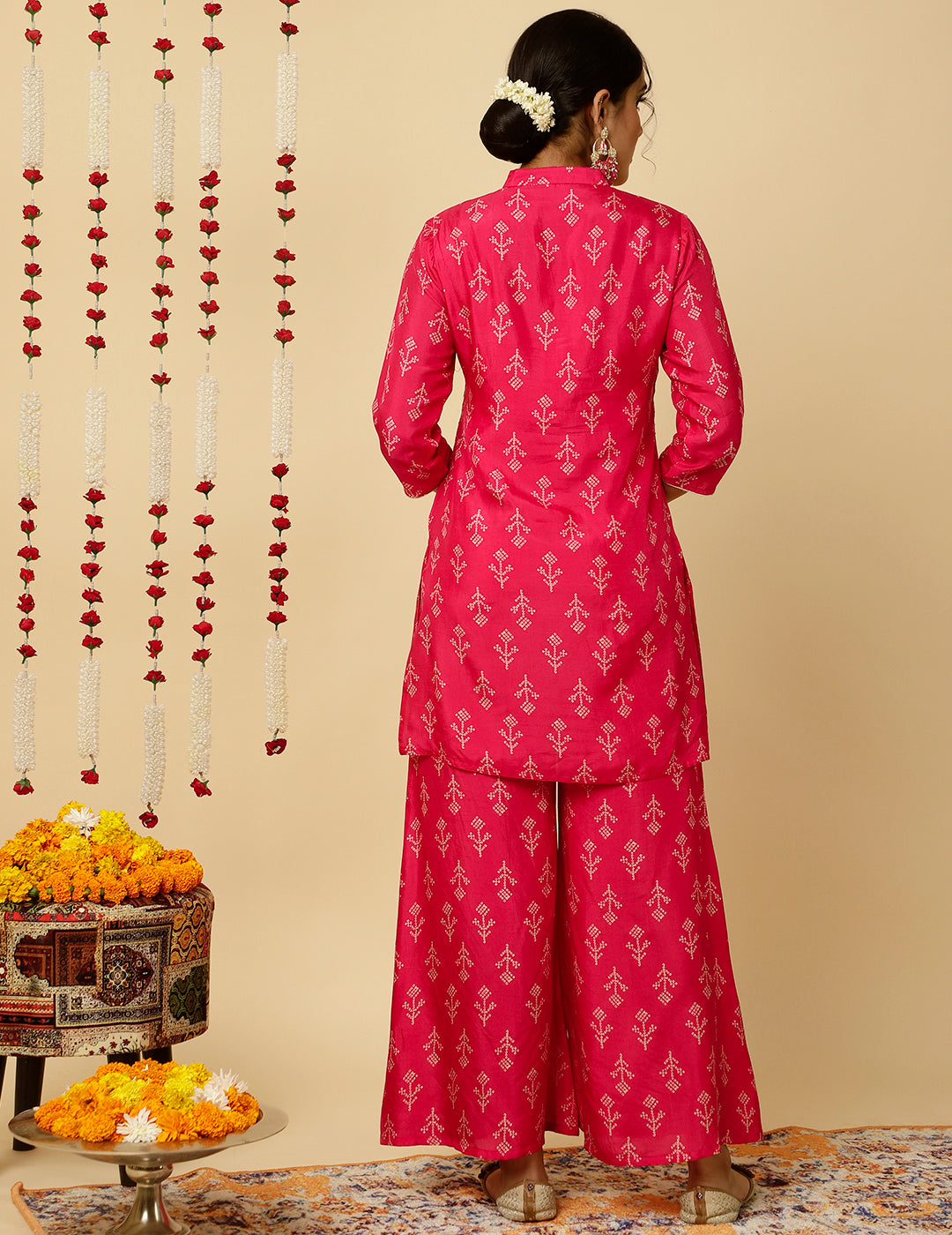Bandhani Printed Dola Silk Pink Co-ord Set
