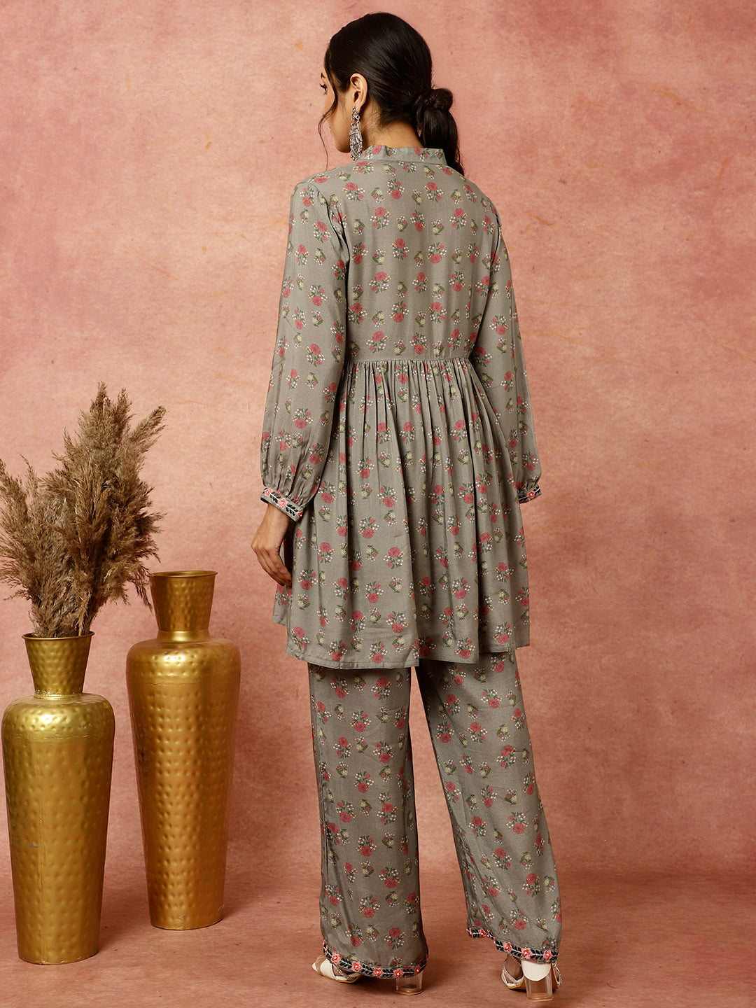 Grey Ethnic Printed Gathered Kurta With Palazzo Co-ord Set