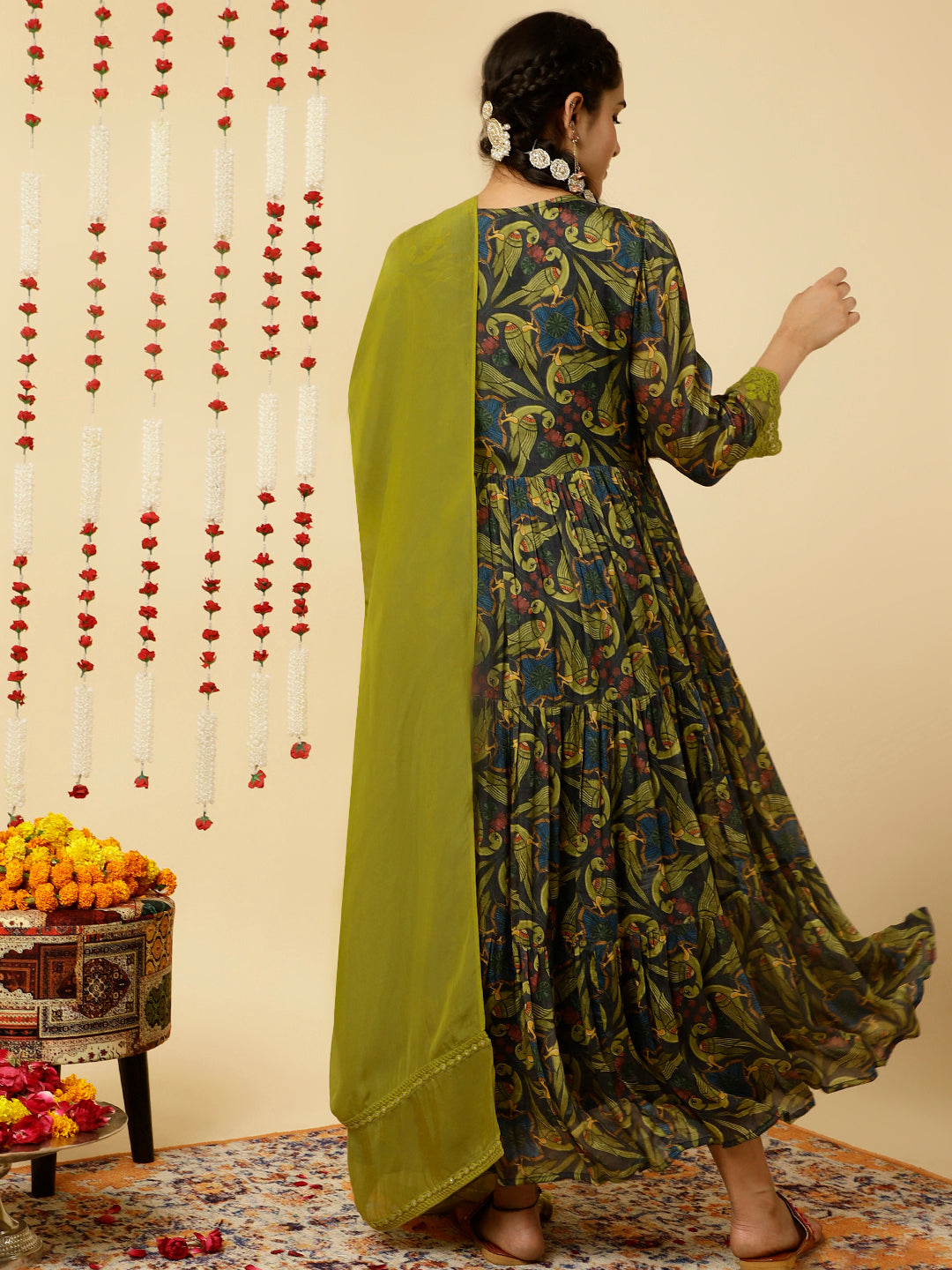 Green Animal Print Flared Kurta With Dupatta