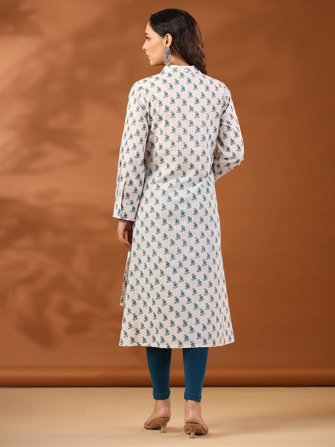 Turquoise Blue Ethnic Printed Cotton Lurex Kurta