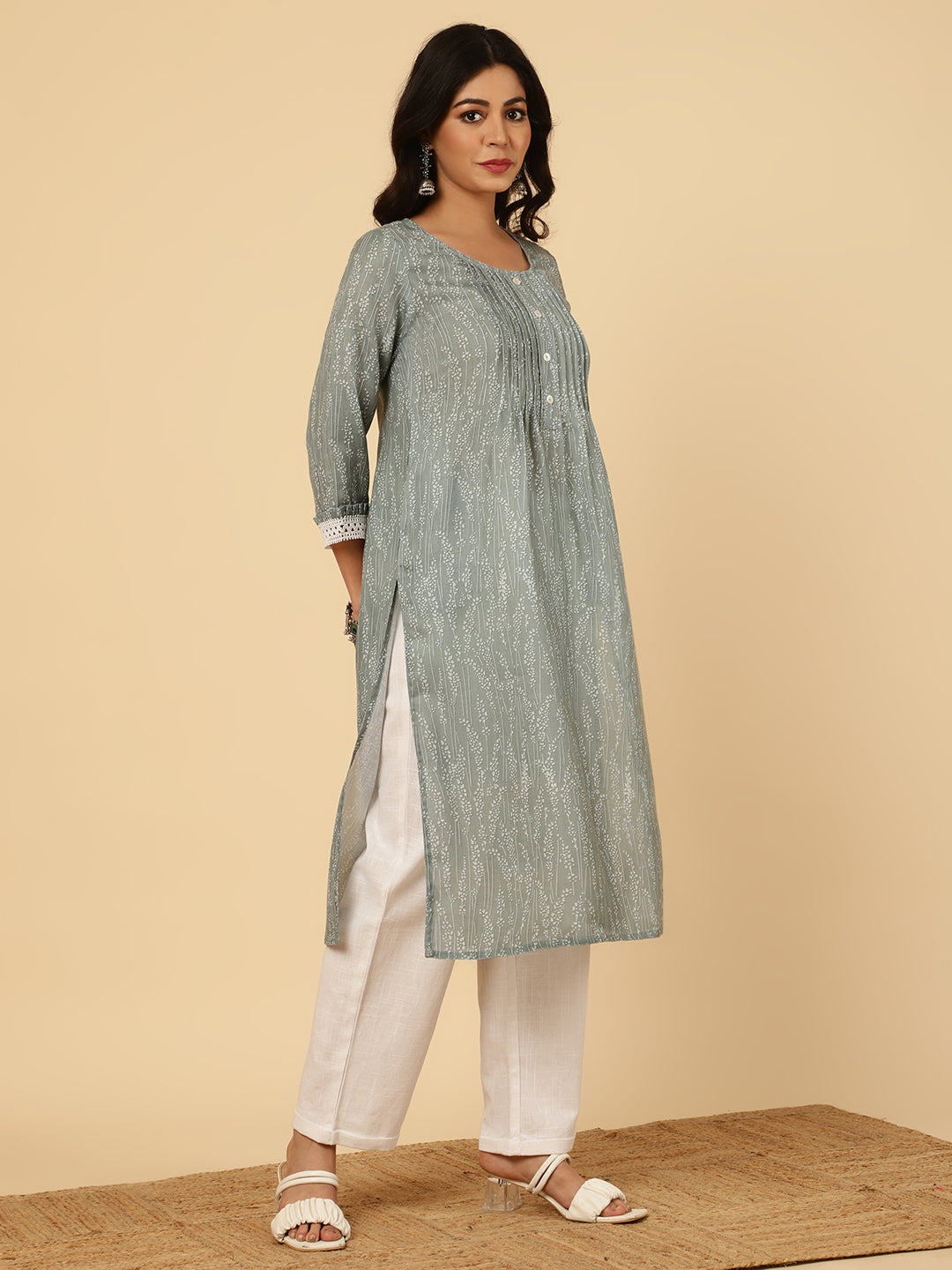 Printed Grey Pleated Straight Kurta