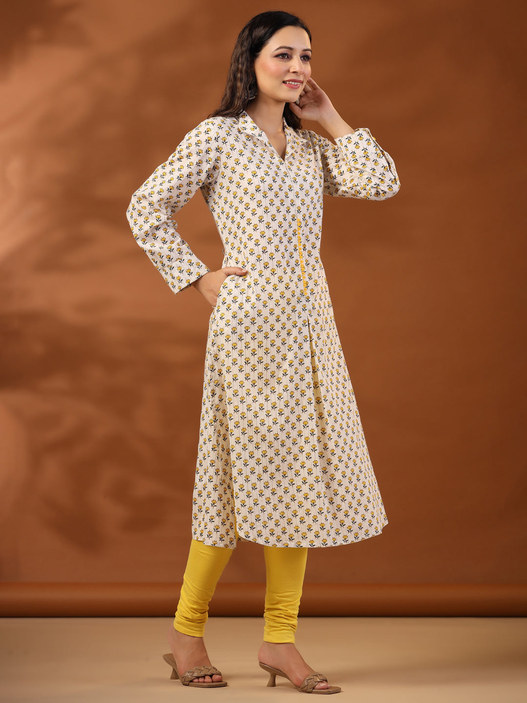 Yellow Ethnic Printed Cotton Lurex Kurta