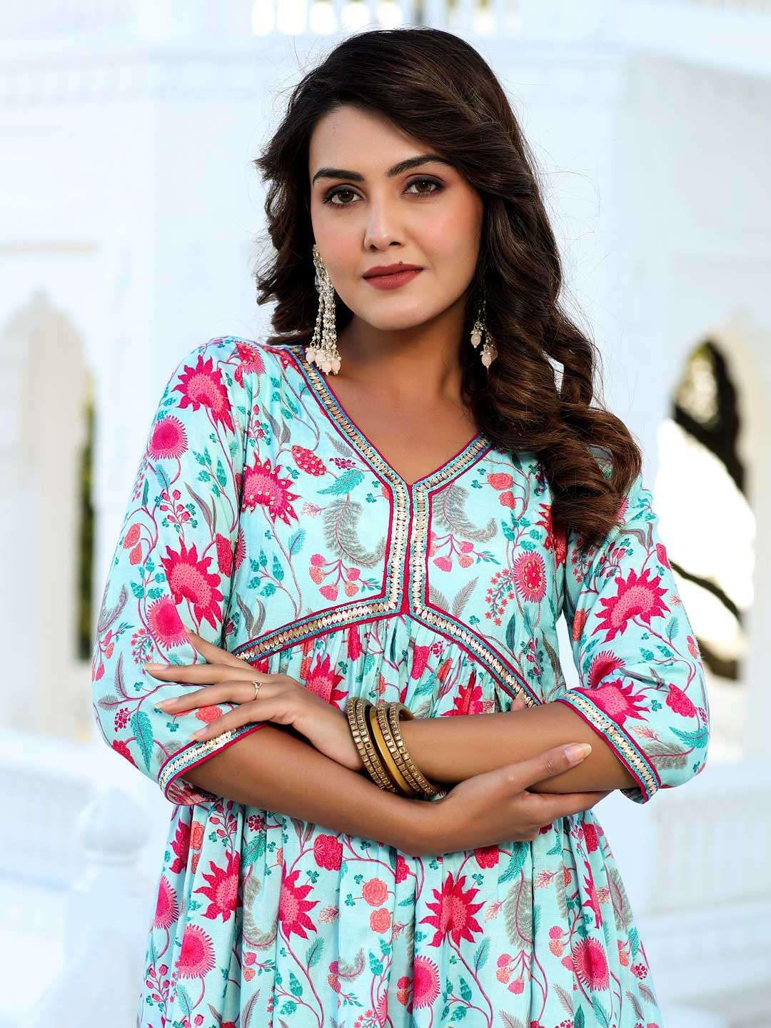 Zardozi Embroidered Silk Floral Printed Flared Kurta With Palazzo