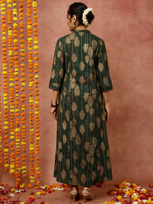 Dark Green Abstract Print A-line Kurta