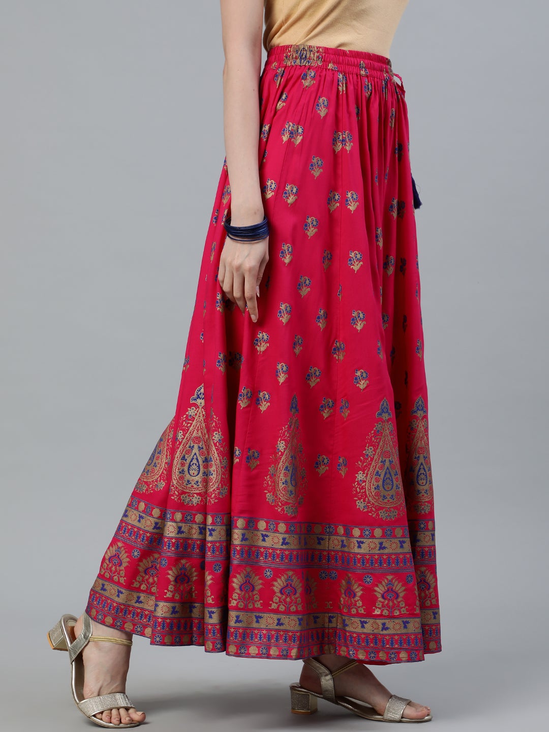 Pink Ethnic Printed Maxi Flared Skirt