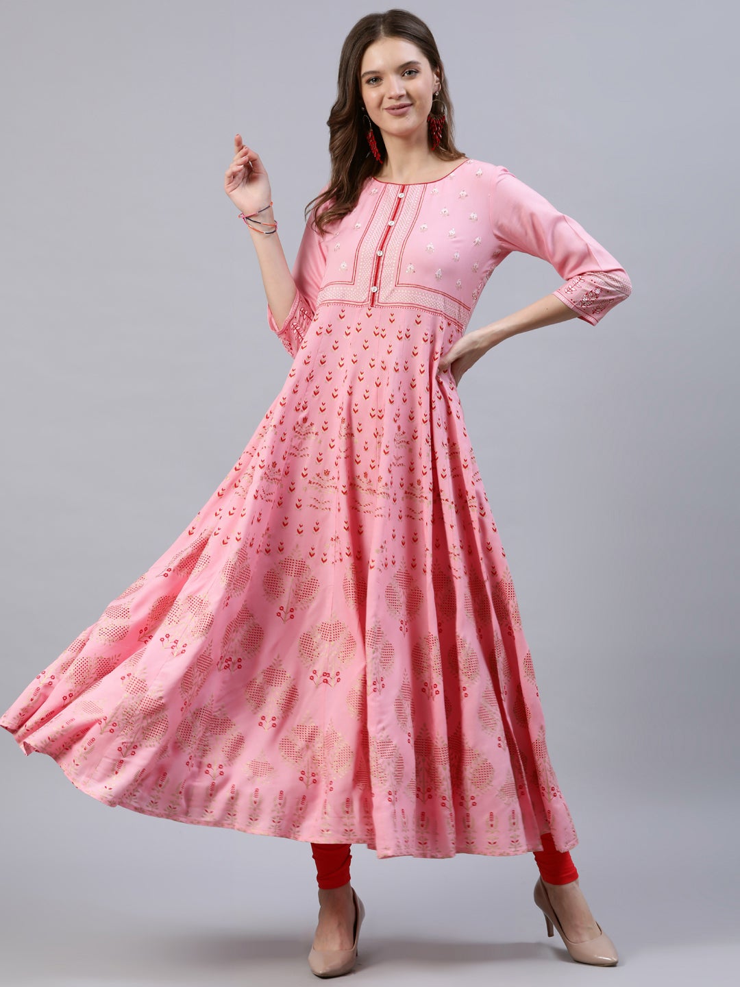 Pink Ethnic Print Sequin Embroidered Anarkali Kurta