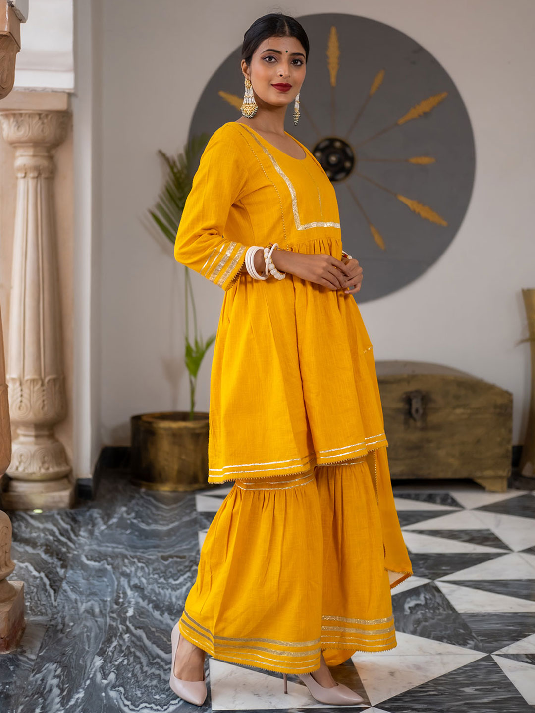 Mustard Flared Cotton Short Kurta With Sharara & Dupatta