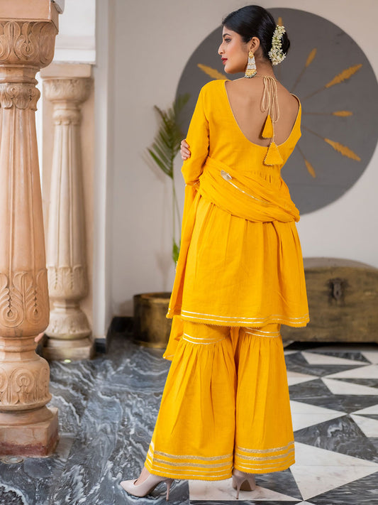 Mustard Flared Cotton Short Kurta With Sharara & Dupatta