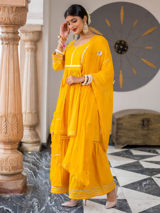 Mustard Flared Cotton Short Kurta With Sharara & Dupatta