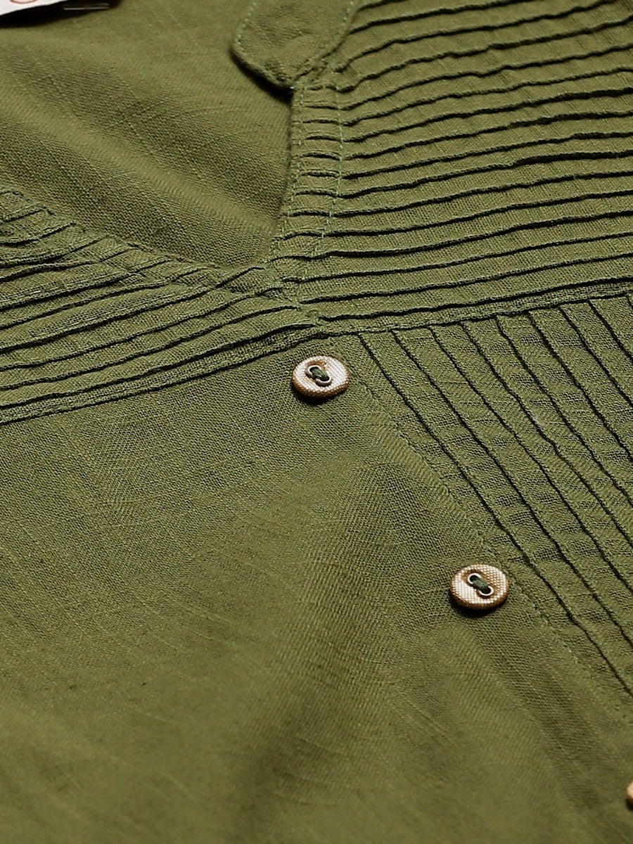 Olive green pin tucks solid straight kurta with Solid Rayon Black palazzo.