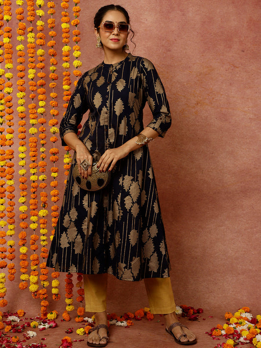 Navy Blue Abstract Print A-line Kurta