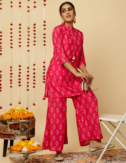 Bandhani Printed Dola Silk Pink Co-ord Set