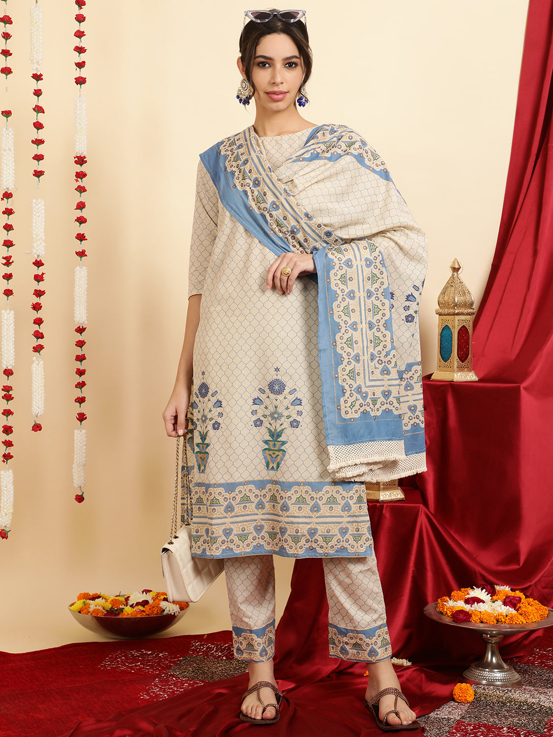 Blue Ethnic Motif Guldasta Cotton Straight Kurta With Pants And Dupatta