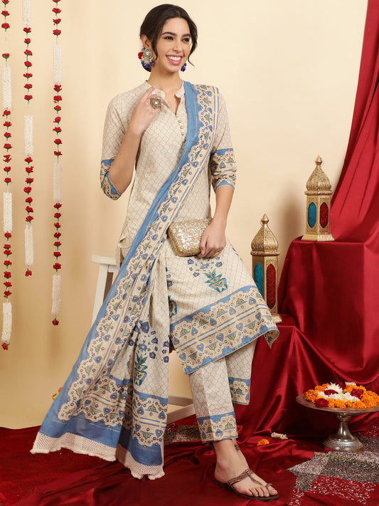Blue Ethnic Motif Printed Cotton Straight Kurta With Pants And Dupatta