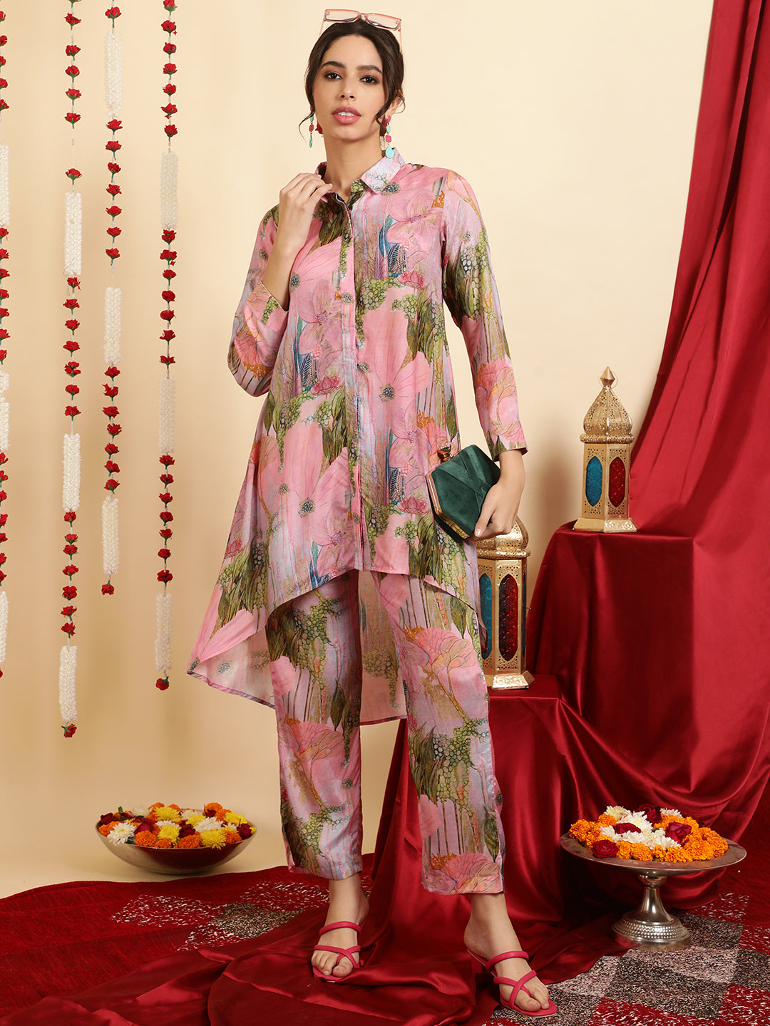 Pink Printed Muslin Shirt With Palazzo Co-ord Set